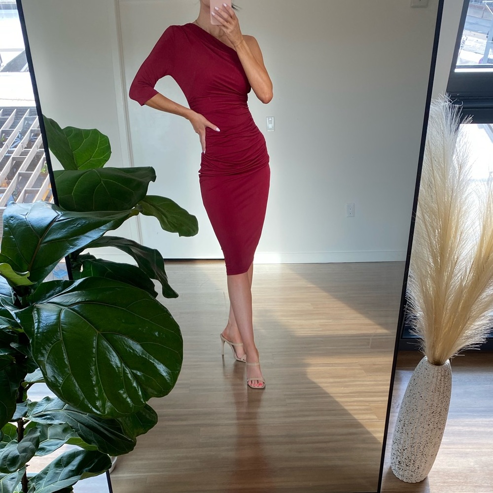 Deep Red One Shoulder Long Sleeved Dress
